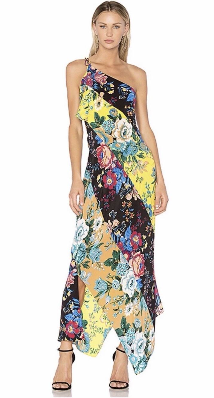 Diane von Furstenberg One Shoulder Floral Silk Scarf Maxi Dress Size Medium